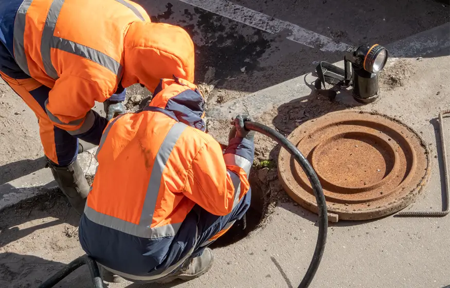 Two workers inspecting sewer drain with flashlight.