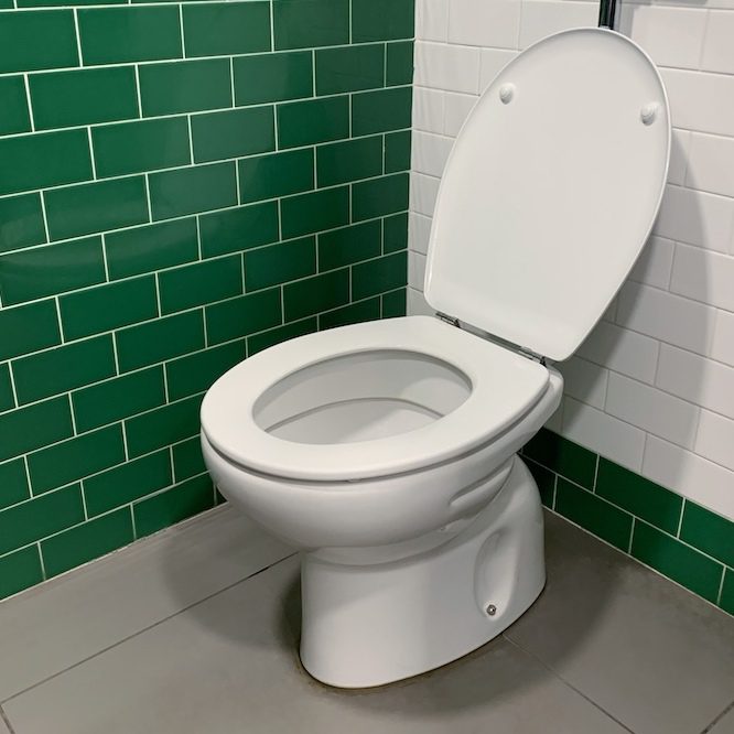 White toilet with a green backsplash.