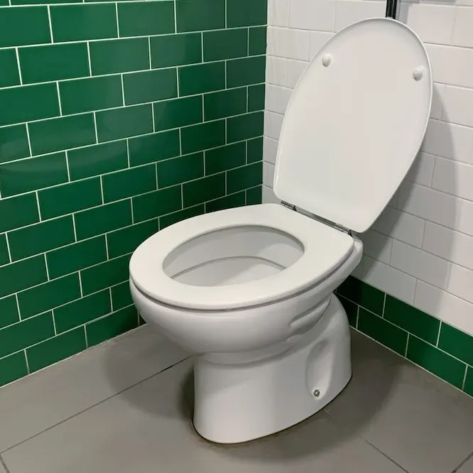 Toilet with green tile in the background.