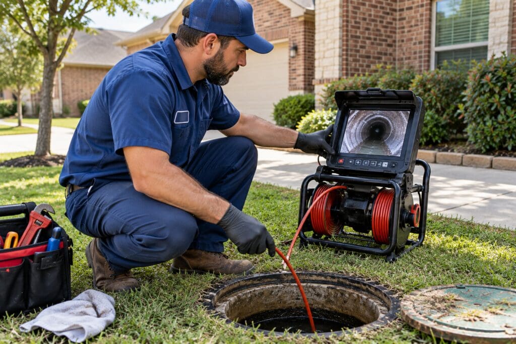 licensed plumber performing sewer camera inspection after storm damage Arlington TX Mades Plumbing